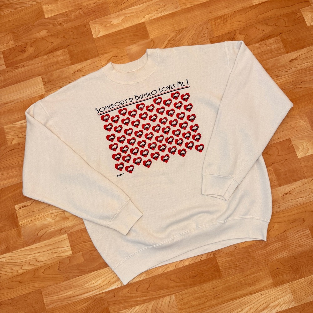 Vintage Fruit of the Loom Buffalo NY Loves Me Crewneck Sweatshirt XL Cream USA
